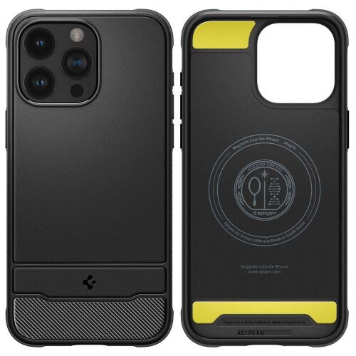 Spigen Rugged Armor MagSafe iPhone 15 Pro Max Tok - Matt Fekete, Elöl és Hátul Nézet - Spigen