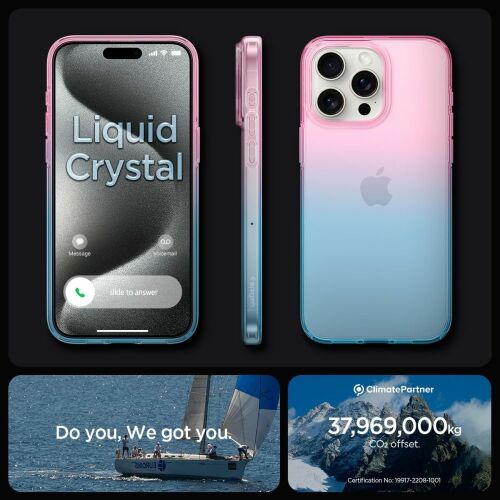 Koláž obalu Spigen Liquid Crystal Gradation Pink pre iPhone 15 Pro: predný, bočný, zadný pohľad