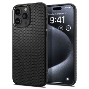 Spigen Liquid Air Matte Black Hülle auf iPhone 15 Pro, schräge Ansicht - Spigen