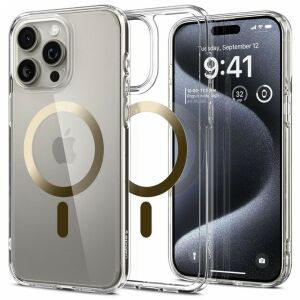 Spigen Ultra Hybrid MagSafe iPhone 15 Pro Arany Tok - Átlátszó tok iPhone-on, szögletes nézet - Spigen