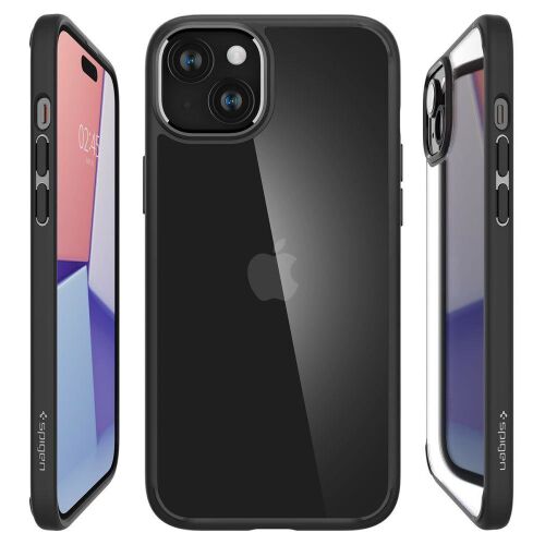 Etui Spigen Ultra Hybrid Matte Black do iPhone 15, prezentujące przezroczysty tył i czarny bumper