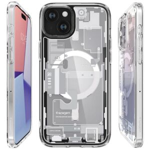 Spigen Ultra Hybrid MagSafe puzdro pre iPhone 15 Plus - Priehľadná Biela, viacero pohľadov - Spigen