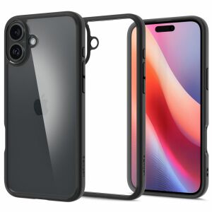 Spigen Ultra Hybrid Matte Black obal pre iPhone 16, s priehľadným zadným krytom a čiernym rámom - Spigen