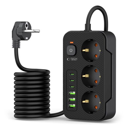Tech-Protect PC3X6 elosztó USB és Type-C portokkal, fekete, ferde nézet - Tech-Protect