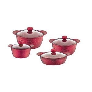 Set de gătit OMS Granit, 8 piese, oale din aluminiu roșu cu capace - Veselă