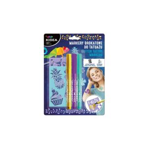 Kidea Glitzer-Tattoo-Marker-Set mit Schablonen und einem Mädchen, das sich ein Glitzer-Tattoo auf die Wange macht - Derform
