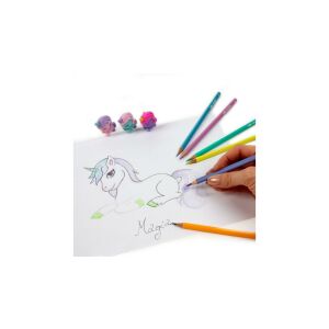Set de desenat Kidea cu 5 creioane colorate, 1 creion grafit și 3 radiere în formă de unicorn - Derform