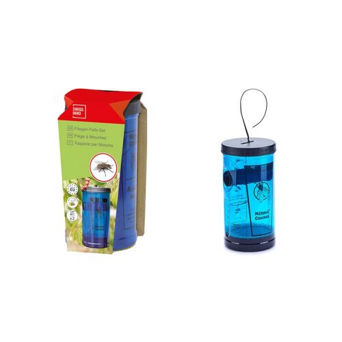 Swissinno Natural Control légycsapda, kék műanyag tartály fekete fedéllel és akasztófüllel, legyek fogására kertekben, teraszokon és melléképületekben
