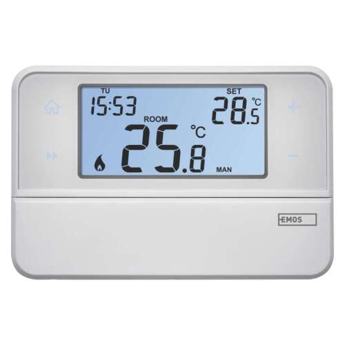 EMOS programmable wired OpenTherm room thermostat P5606OT, showing the display with time, temperature and settings