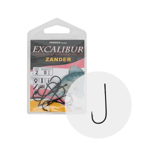 Excalibur Zander Worm 5/0 horgászhorog, 2-es méret, 8 darabos csomag, lézeres élezéssel, fekete - Horgász horog