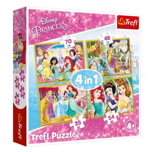 Set Puzzle Trefl Disney Princess 4 în 1, cu puzzle-uri de 35, 48, 54 și 70 de piese, cu scene iconice Disney Princess - Trefl Puzzle