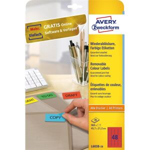 Avery L6038-20 nyomtató címke Vörös Öntapadós nyomtatócimke