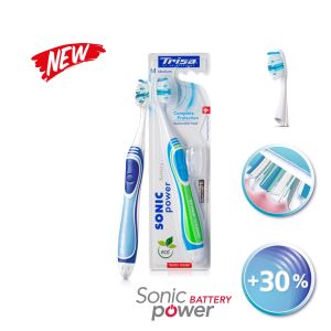 Trisa Sonic Power Battery elektromos fogkefe kollázs, fogkefefej és csomagolás látható - Elektromos fogkefe