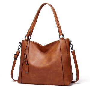 Dollcini Large Faux Leather Bag - Елегантна черна дамска чанта през рамо за работа и ежедневието, кафява