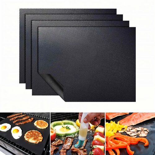 Teflon Grillmatten Set mit Essensbeispielen: Speck, Eier, Pfannkuchen, Gemüse, Fleisch, Meeresfrüchte