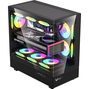 Изглед под ъгъл на компютърната кутия Formula Crystal Z8 Black със стъклен страничен панел и RGB компоненти - Компютърна зала