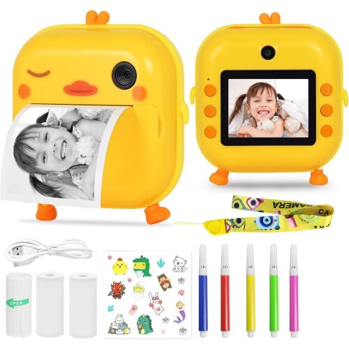 Детски фотоапарат THD Pixels M2 с термопринтер, 18MP преден обектив, селфи обектив, 32GB памет, ярко жълт, печат на снимки