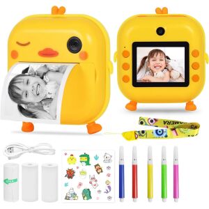 Dječji fotoaparat THD Pixels M2 s termalnim pisačem, prednja leća od 18MP, selfie leća, 32GB memorija, svijetlo žuta, ispis fotografija - Video kamera