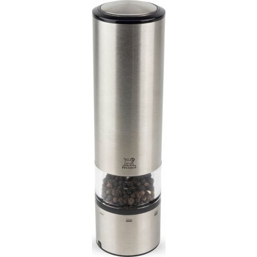 Elektryczny młynek do pieprzu Peugeot Elis Sense ze stali nierdzewnej wypełniony ziarnami pieprzu