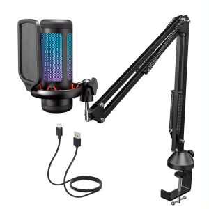 TONOR TC310+ Professzionális USB-mikrofon, Boom Arm állvánnyal, ütéstámasz, Pop szűrő, Cardioid, kondenzátor, RGB világítás, hordozható, PC laptop PS4/5