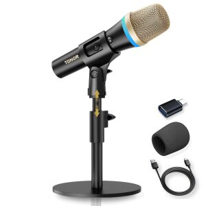 Professzionális PC/mobiltelefon mikrofon, dinamikus, Tonor TD310 - RGB fény, gyors némítás és állvány podcast játékhoz RGB-vel, felvétel, élő közvetítés, YouTube, éneklés, stúdió, Tiktok, USB
