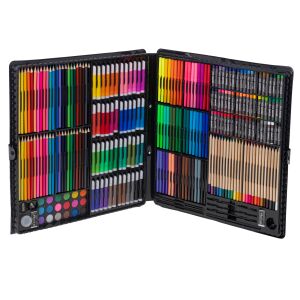 258-dielna umelecká súprava v prenosnom kufríku, vrátane fixiek, pasteliek, olejových pastelov a akvarelových farieb. - WePro Store