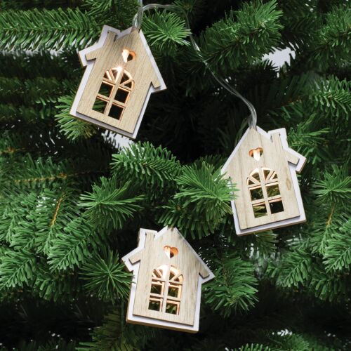 LED house string lights on Christmas tree, holiday decoration
