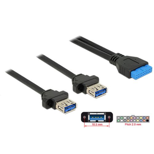 Közelkép a DeLock USB 3.0 tűfej csatlakozó - dupla USB-A aljzat panelre szerelhető kábelről, 80cm - USB átalakító