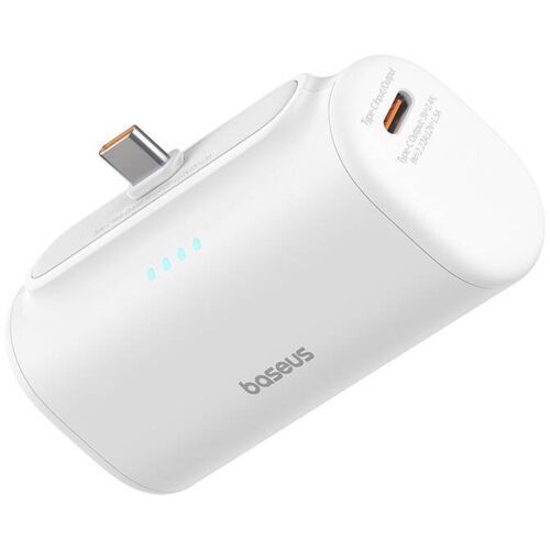 Baseus Compact 5000mAh Power Bank - Fehér, Szögletes nézet USB-C porttal