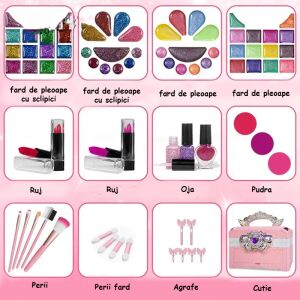 Collage des rosa Prinzessin-Schminksets für Kinder mit Licht und Sound, Marke WePro Store, zeigt die verschiedenen enthaltenen Artikel - WePro Store