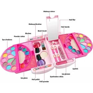 WePro Store Kinder-Schminkset, rosa, mit Spiegel, Lidschatten, Lippenstift, Nagellack, Pinseln und anderem Zubehör in einer niedlichen Tragetasche, zeigt alle enthaltenen Artikel - WePro Store