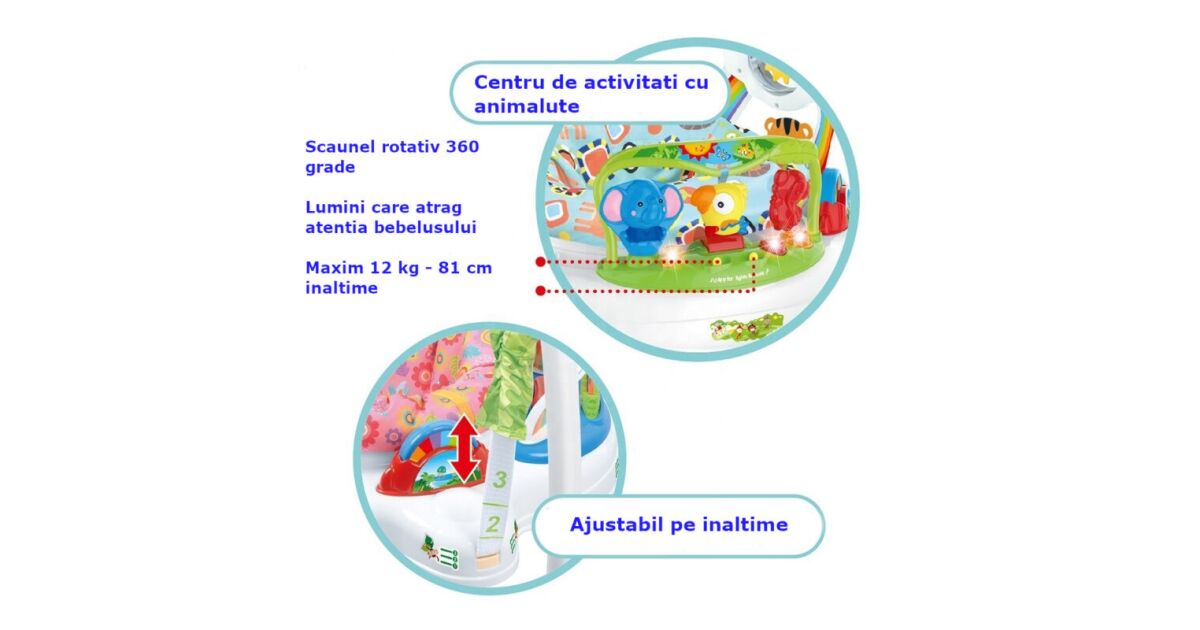 Saritor pentru copii cu centru de activitati WePro Store, Baby jumper, ajustabil pe inaltime, scaun rotativ 360°, Sunete, Lumini, Accesorii atractive, Multicolor, 6 luni+, Roz 126990885