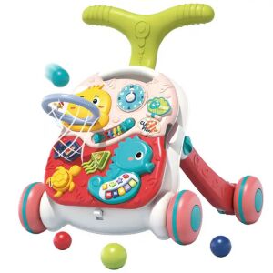 WePro Store 3 in 1 interaktiver Baby-Gehwagen mit Geräuschen und Lichtern, einstellbarer Höhe und Geschwindigkeit, interaktivem Tisch und Brett, Basketballkorb, Rasselspielzeug, 6-18 Monate, Rot, zeigt den Gehwagen von vorne - Babywalker, Lauflernhilfen und Entwicklungsspiele für Kleinkinder