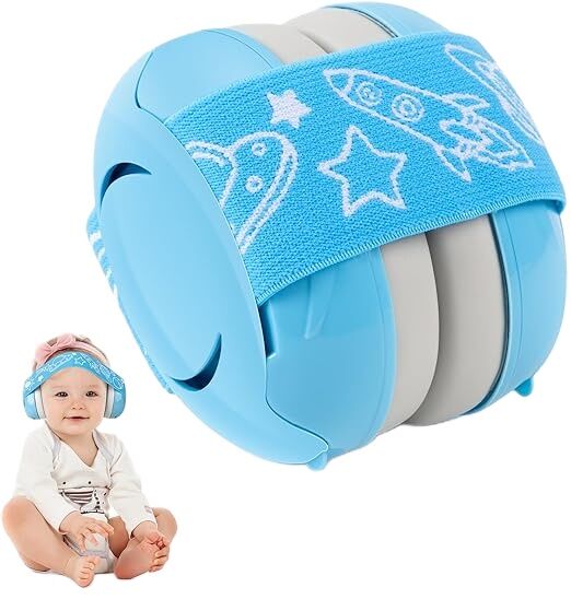 Chrániče sluchu pre deti a bábätká 3-36 mesiacov WePro Store, ochrana sluchu v hlučnom prostredí, bezpečný systém upevnenia fontanellu, elastický hlavový most, jednoduché použitie, modré so s