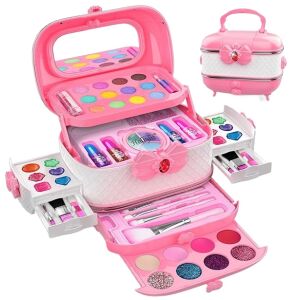 Розов комплект за грим за деца, WePro Store комплект за грим, с огледало, сенки за очи, лак за нокти, пудра, четки и куфар - WePro Store