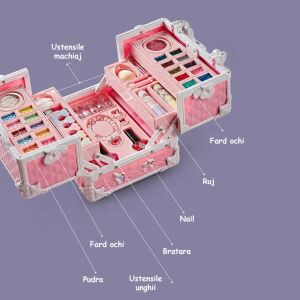 Detská make-up sada WePro Store, 47 kusov, prenosná taška s rúčkou, rozpustná vo vode, náramky, umelé nechty, očné tiene, rúž, netoxické, ružové 126991453 - WePro Store