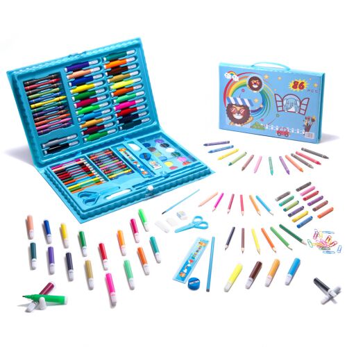 Mal- und Zeichenset für Kinder, 86 Teile, mit Markern, Buntstiften, Ölpastellen, Wasserfarben, Pinseln, Schere, Kleber, Lineal und mehr