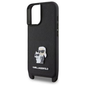 Karl Lagerfeld iPhone 16 Saffiano Tok - Fekete Karl és Choupette Fém Tűvel - Karl Lagerfeld Telefontok