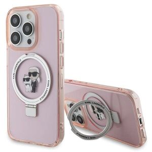 Karl Lagerfeld KLHMP15LHMRSKCP Hartschalenhülle mit Ringständer für iPhone 15 Pro, 6,1 Zoll, Rosa/Rosa, Karl & Choupette MagSafe 127046403 - Karl Lagerfeld Handyhüllen