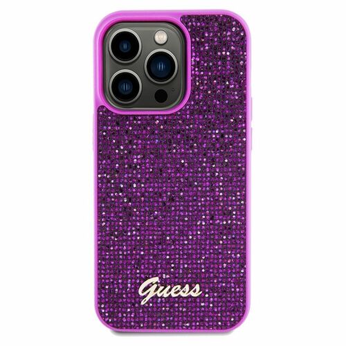 Elölnézet a Guess Disco Metal Script fukszia iPhone 14 Pro tokról - Guess
