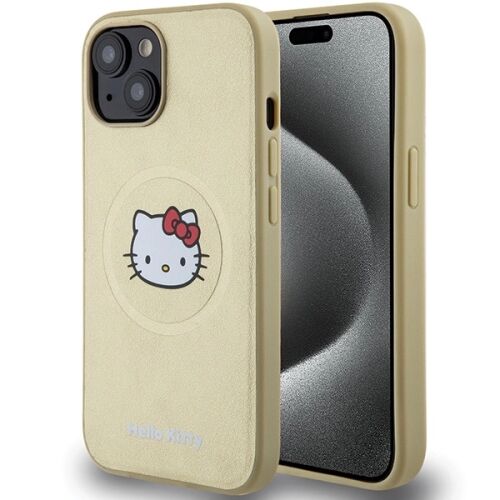 Hello Kitty iPhone 15 tok, arany bőr MagSafe borító - Telefontok