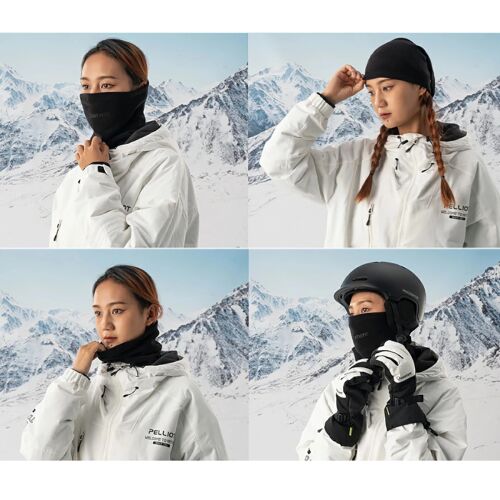 Kollázs emberekről, akik Qunature Oli fekete nyakmelegítőt viselnek téli tevékenységek közben