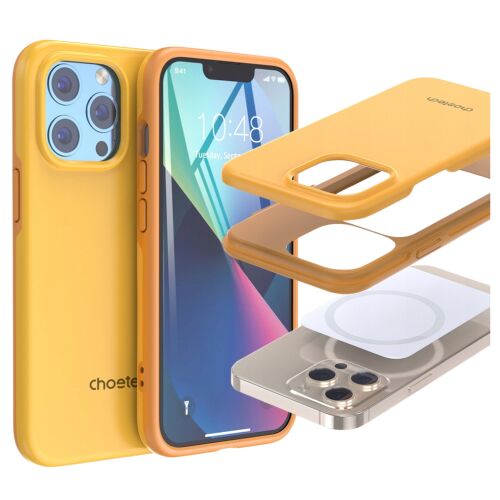 Choetech orange iPhone 13 Pro Max Hülle, geschichtete Ansicht zur Darstellung der MagSafe-Kompatibilität