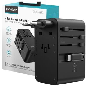 Adapter podróżny Choetech PD5021 45W z kablem USB-C i wtyczkami międzynarodowymi w opakowaniu - Karta sieciowa