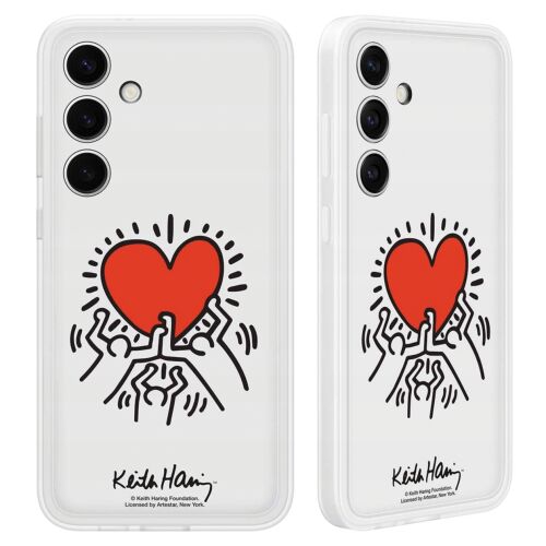 Samsung Galaxy S24+ fehér telefontok Keith Haring szív mintával, dupla nézet