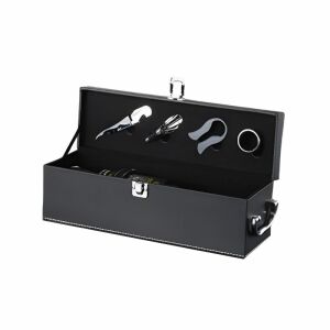 Borosdoboz szett, 1 palack számára, tartozékokkal együtt, elegáns fekete ökobőrből készült