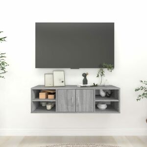 Szürke sonoma fali polc ajtókkal és nyitott rekeszekkel nappali környezetben - Irodabútor