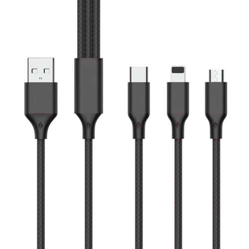 3 v 1 Univerzálny nabíjací kábel s konektormi Micro USB, Apple Lightning a USB-C
