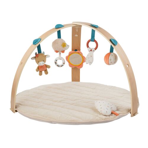 Nattou Mila, Zoe and Lana baby play mat with wooden toy arch and plush toys