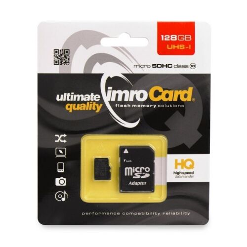 Imro Card 128GB microSDHC 10-es osztályú memóriakártya adapterrel, nagy sebességű adatátvitel, kiváló minőség